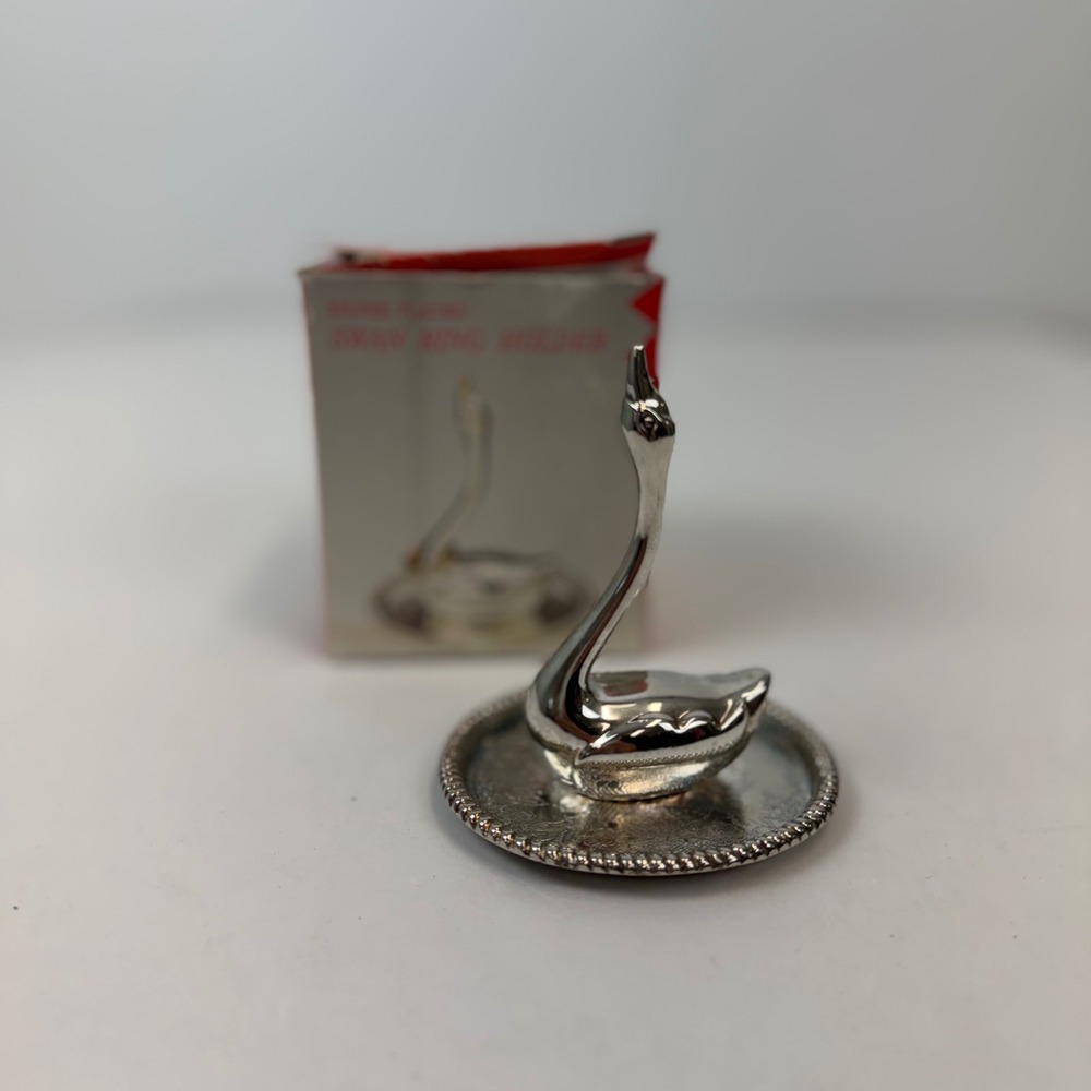 Vintage Silver Plated Swan Ring Holder Jewelry Dish with Original Box